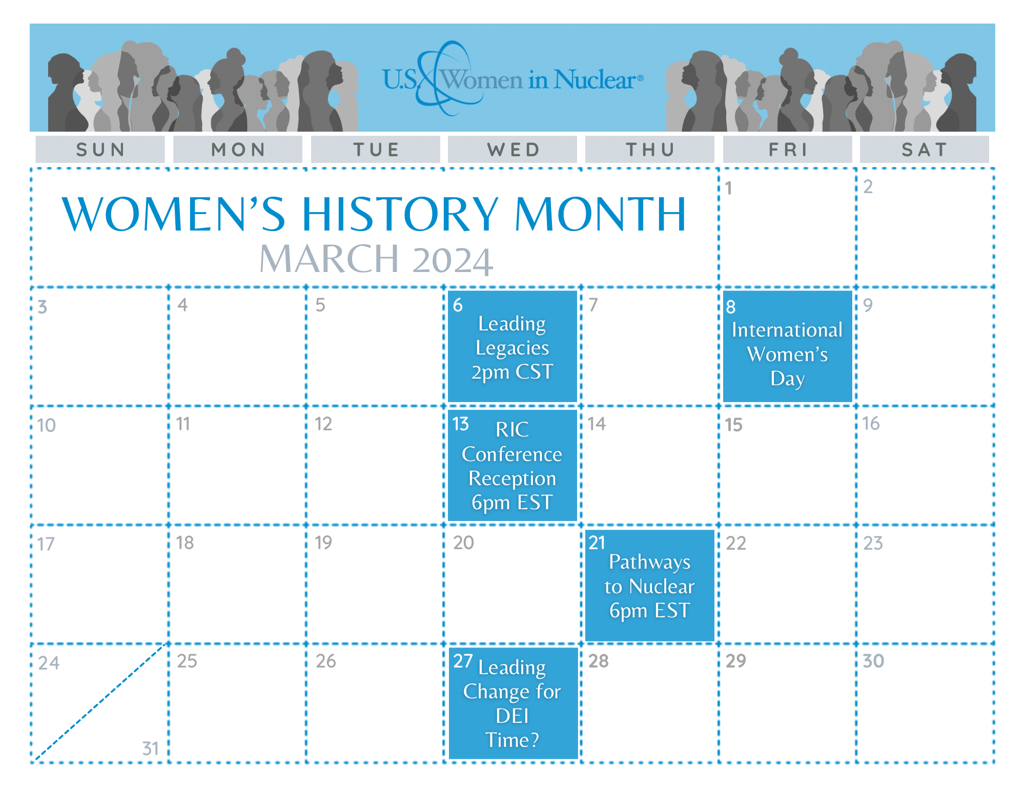Calendar showing events during Women's History Month 2024